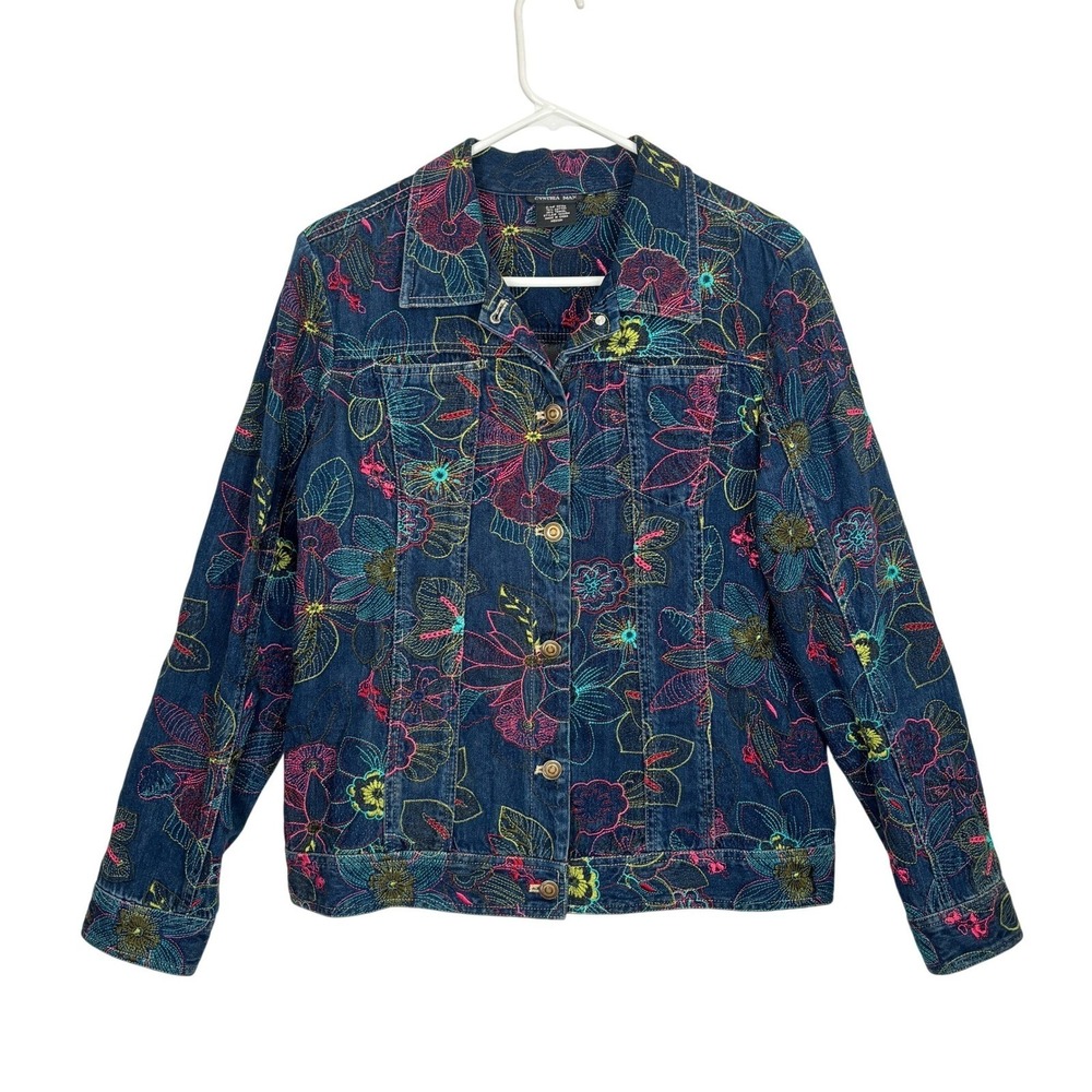Boho Floral Embroidered Denim Jacket M Hippie Festival Maximalist Artsy Colorful